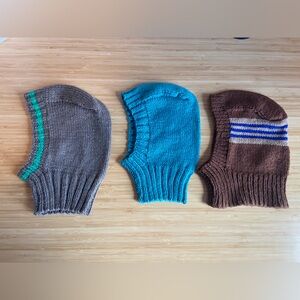 3 hand knit child’s balaclava helmets - new - never worn